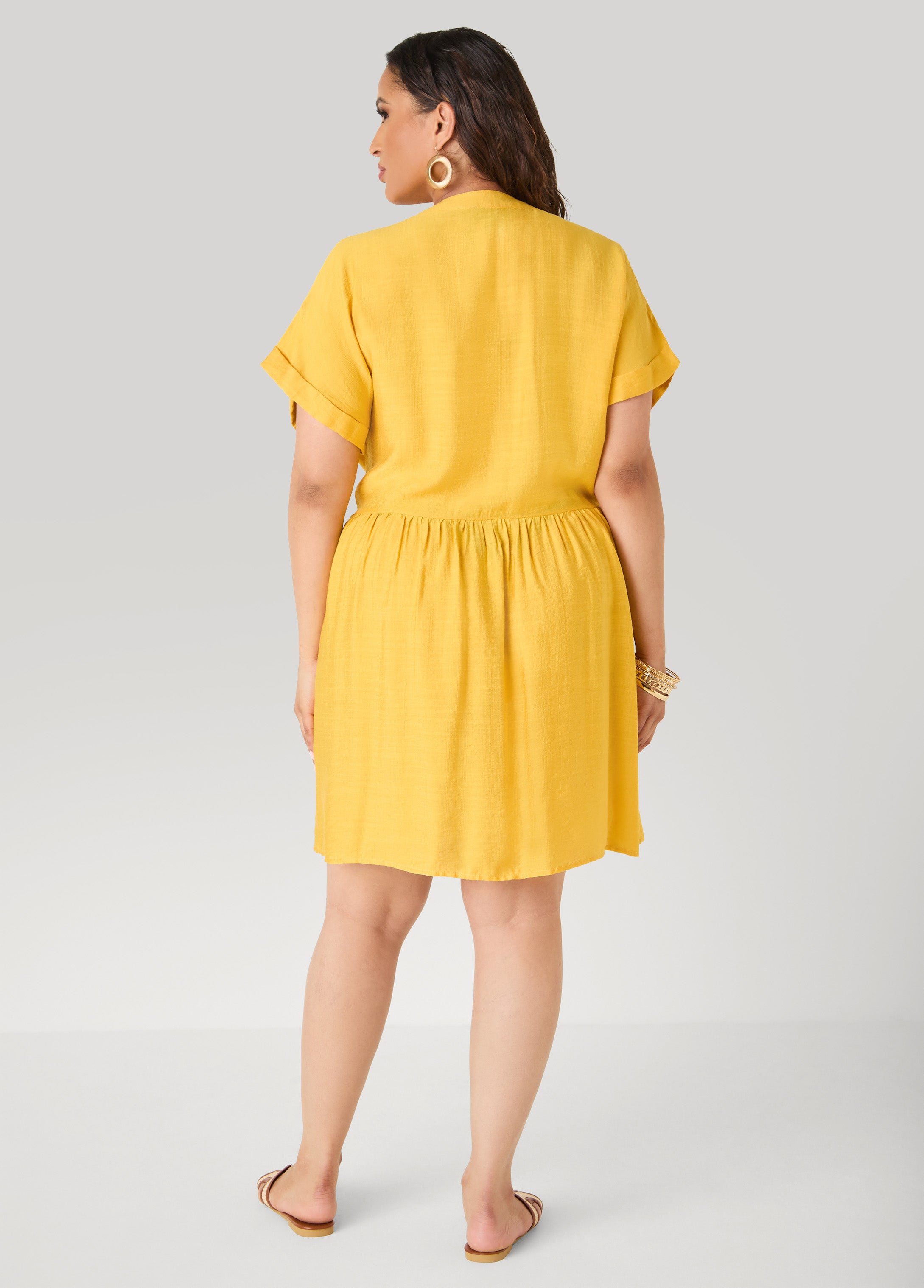 Cuffed V Neck Babydoll Dress
