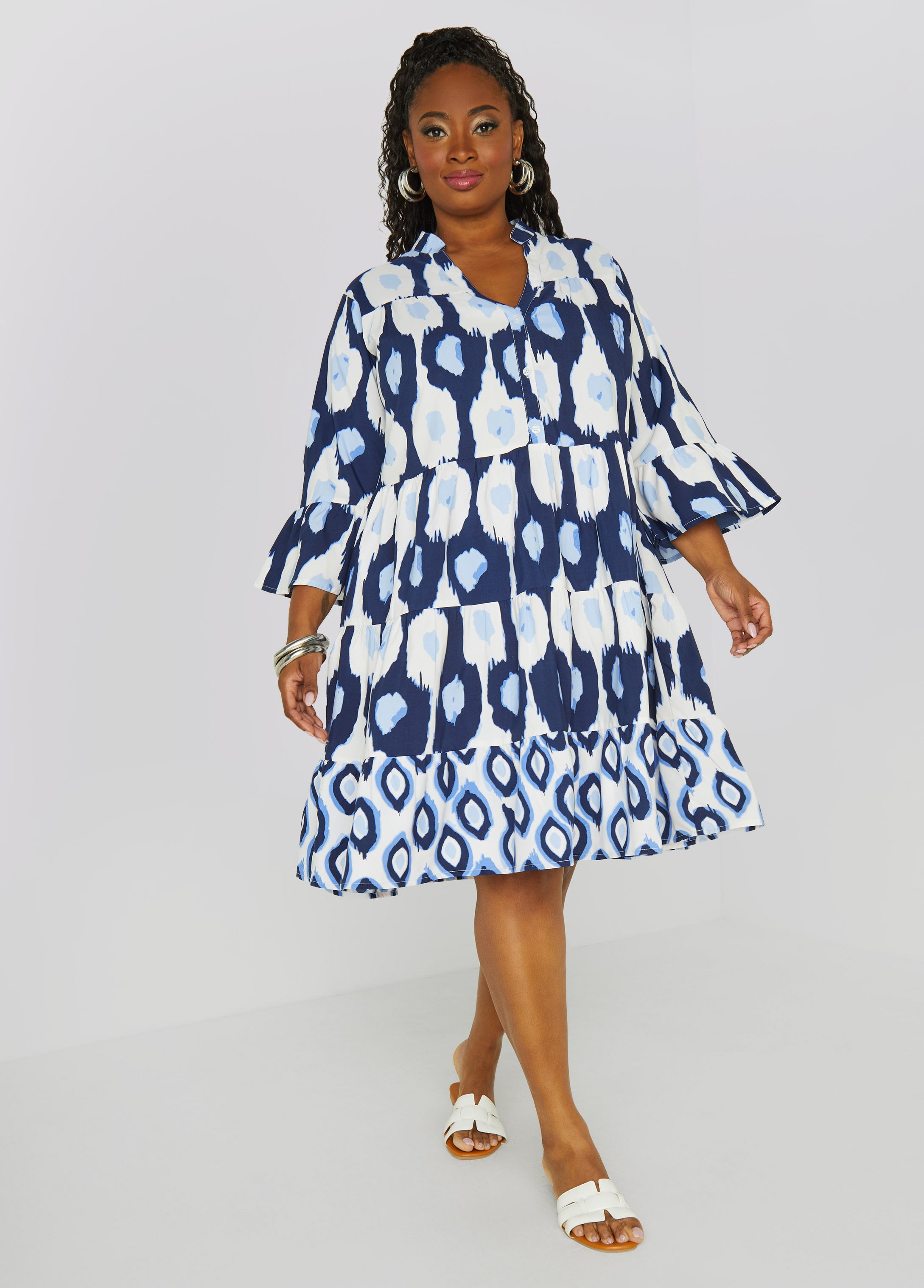 Plus Size Flounced Ikat Print Dress