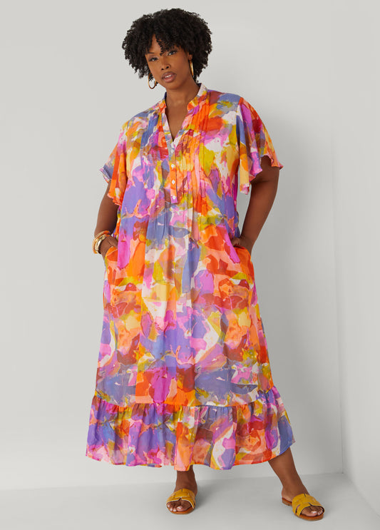 Plus Size Pleated Watercolor Maxi Dress
