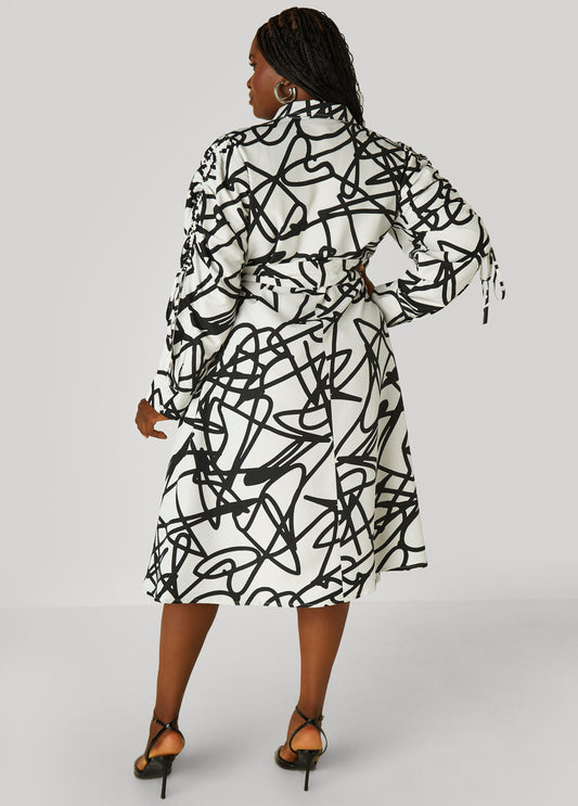 Printed Drawstring Midi Shirtdress