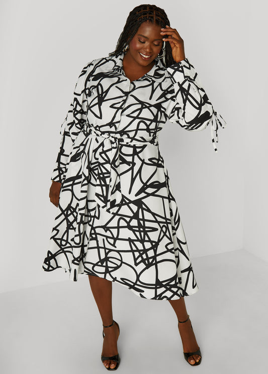Plus Size Printed Drawstring Midi Shirtdress
