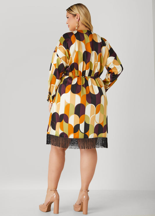 Fringed Printed Satin Wrap Dress