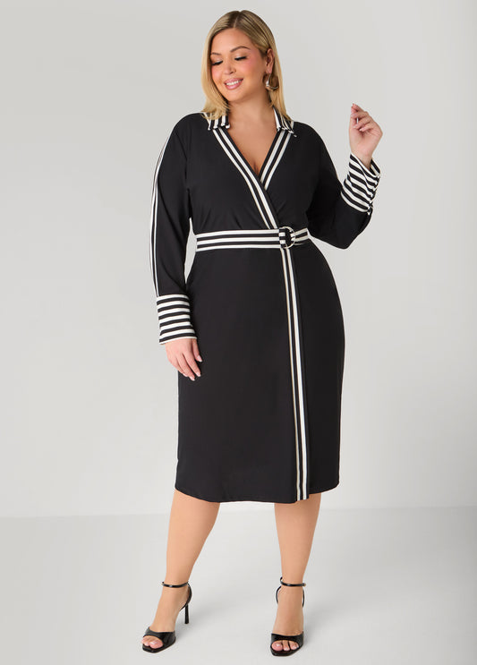 Stripe Trimmed Faux Wrap Dress