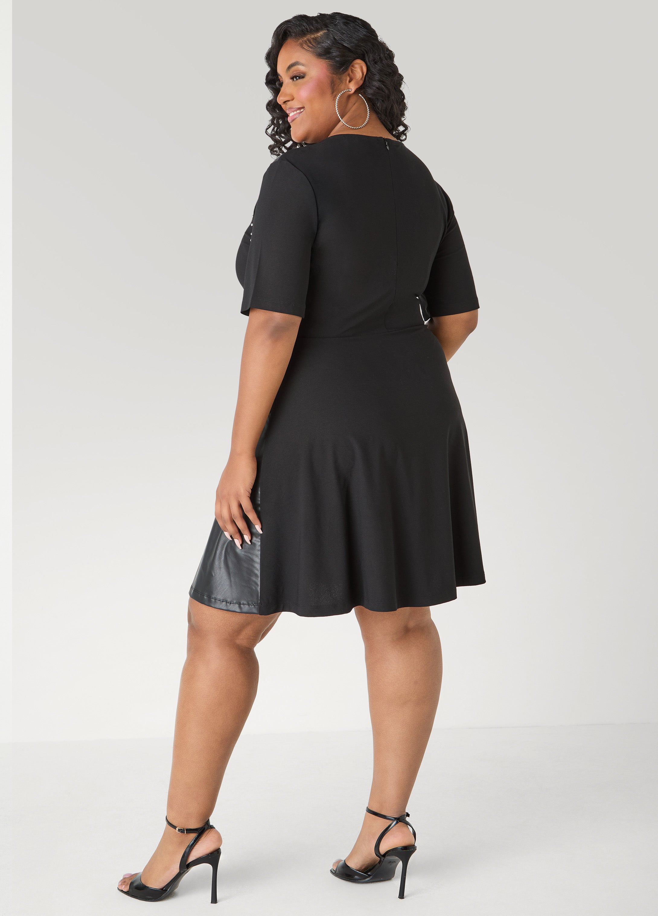 Studded Faux Leather Paneled Dress Ashley Stewart Studded Faux Leather Paneled Dress Ashley Stewart