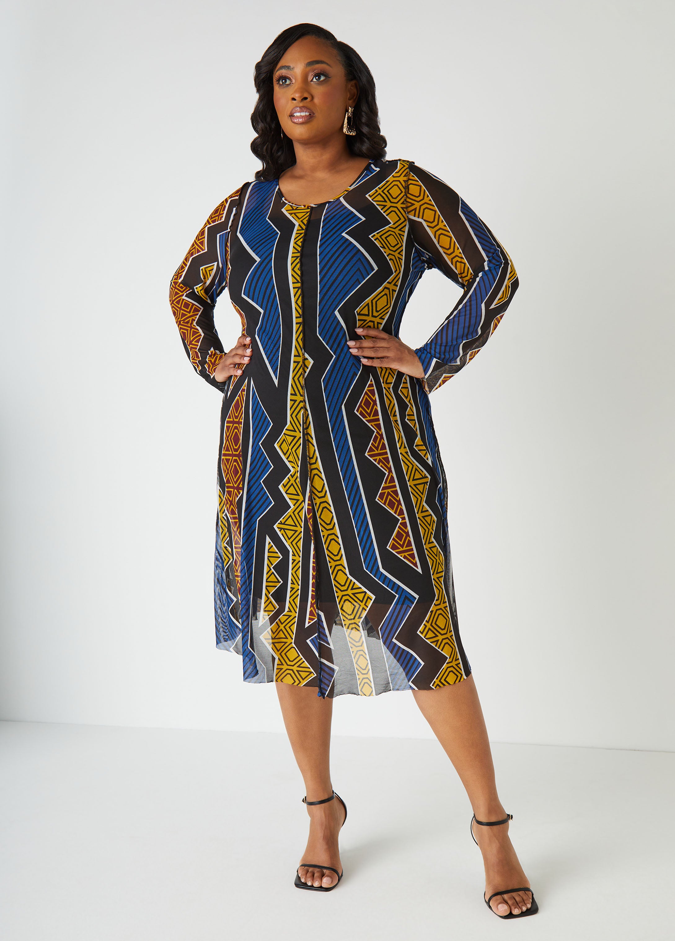 Plus Size printed mesh maxi dress plus size fit flare fashion dress