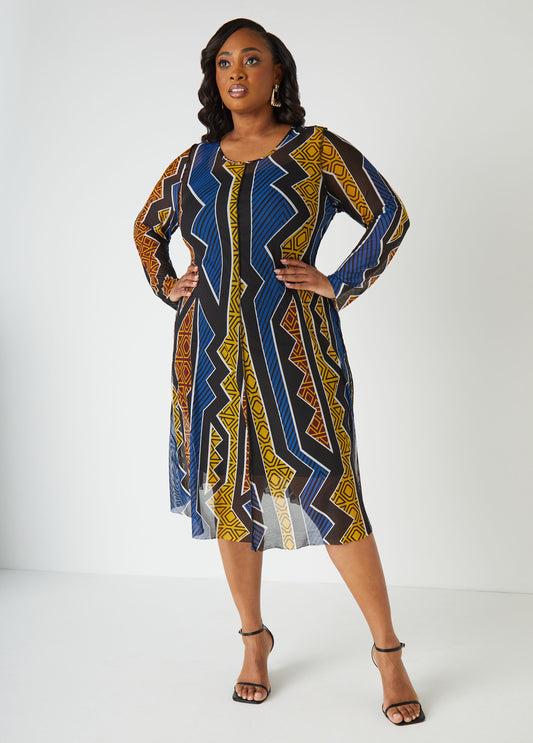 Plus Size printed mesh maxi dress plus size fit flare fashion dress