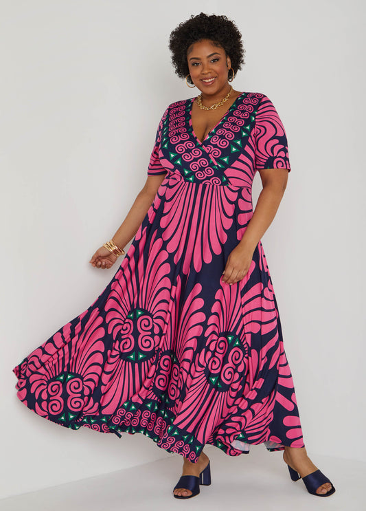 Plus Size Printed Faux Wrap Maxi Dress