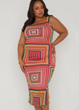 Plus Size retro square print dress mesh dress plus size sheath dress
