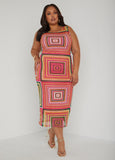 Plus Size retro square print dress mesh dress plus size sheath dress