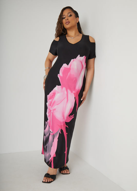 Plus Size Cold Shoulder Rose Maxi Dress