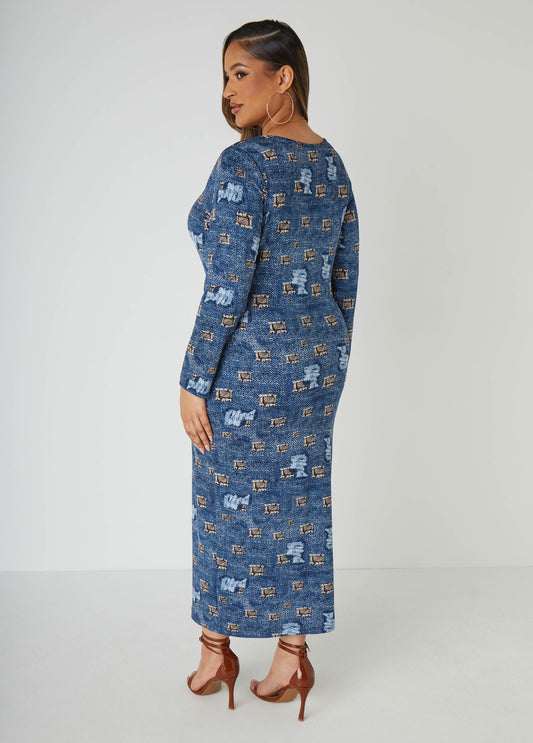 Distressed Denim Print Dress