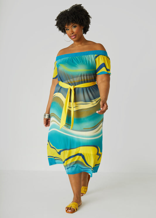 Plus Size Off The Shoulder Printed Mesh Dress