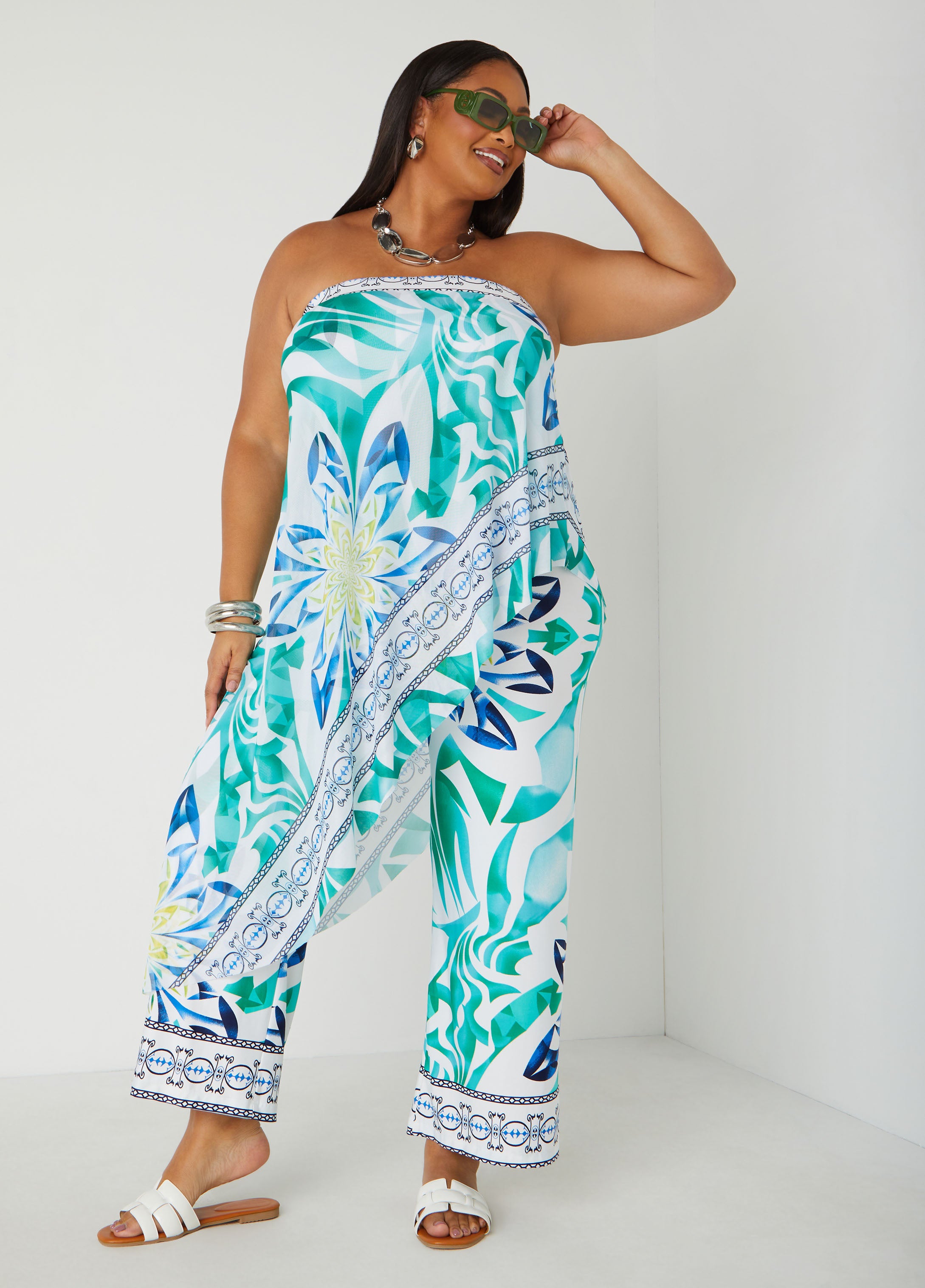 Plus Size Layered Tropical Print Jumpsuit
