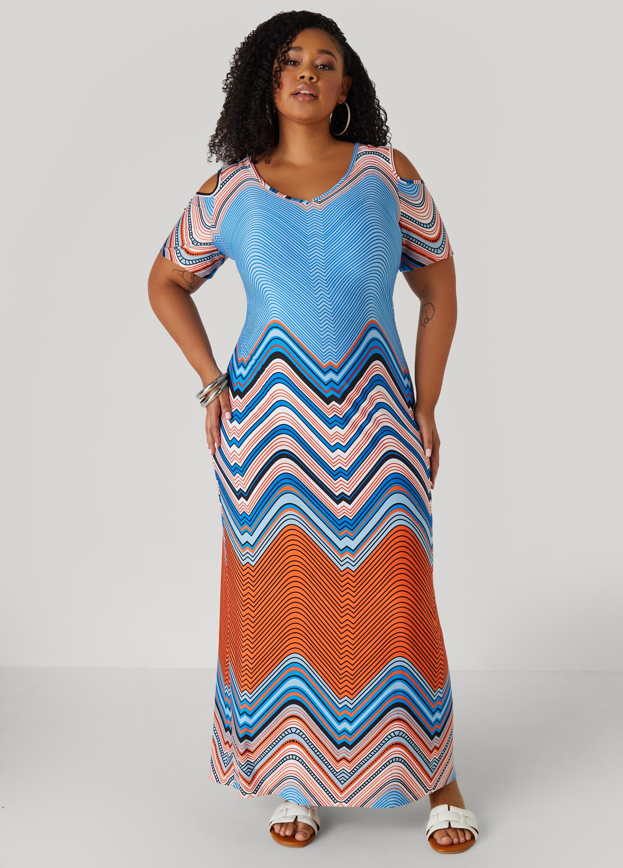 Plus Size Cold Shoulder Zigzag Print Dress