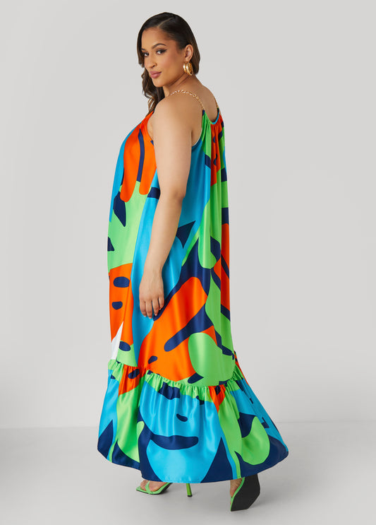 Chain Trimmed Abstract Maxi Dress