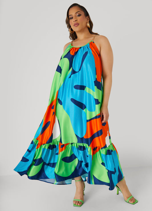 Plus Size Chain Trimmed Abstract Maxi Dress