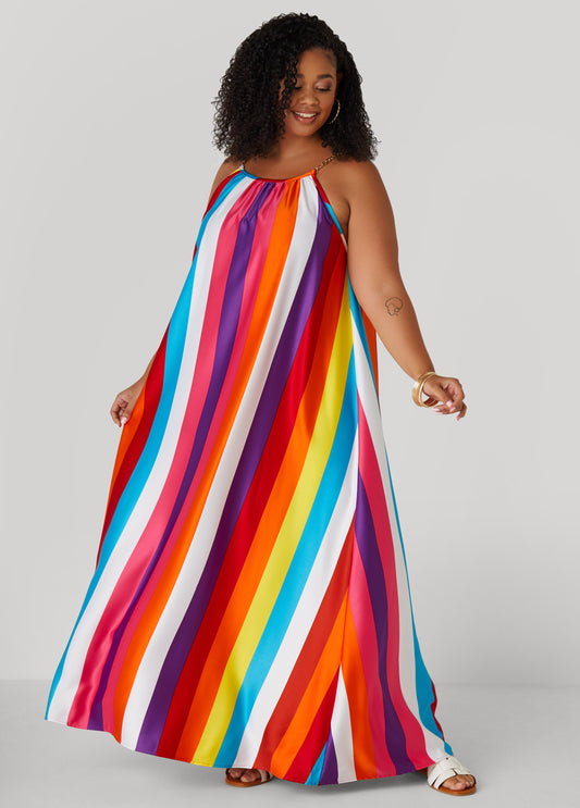 Plus Size Striped Chain Trimmed Maxi Dress