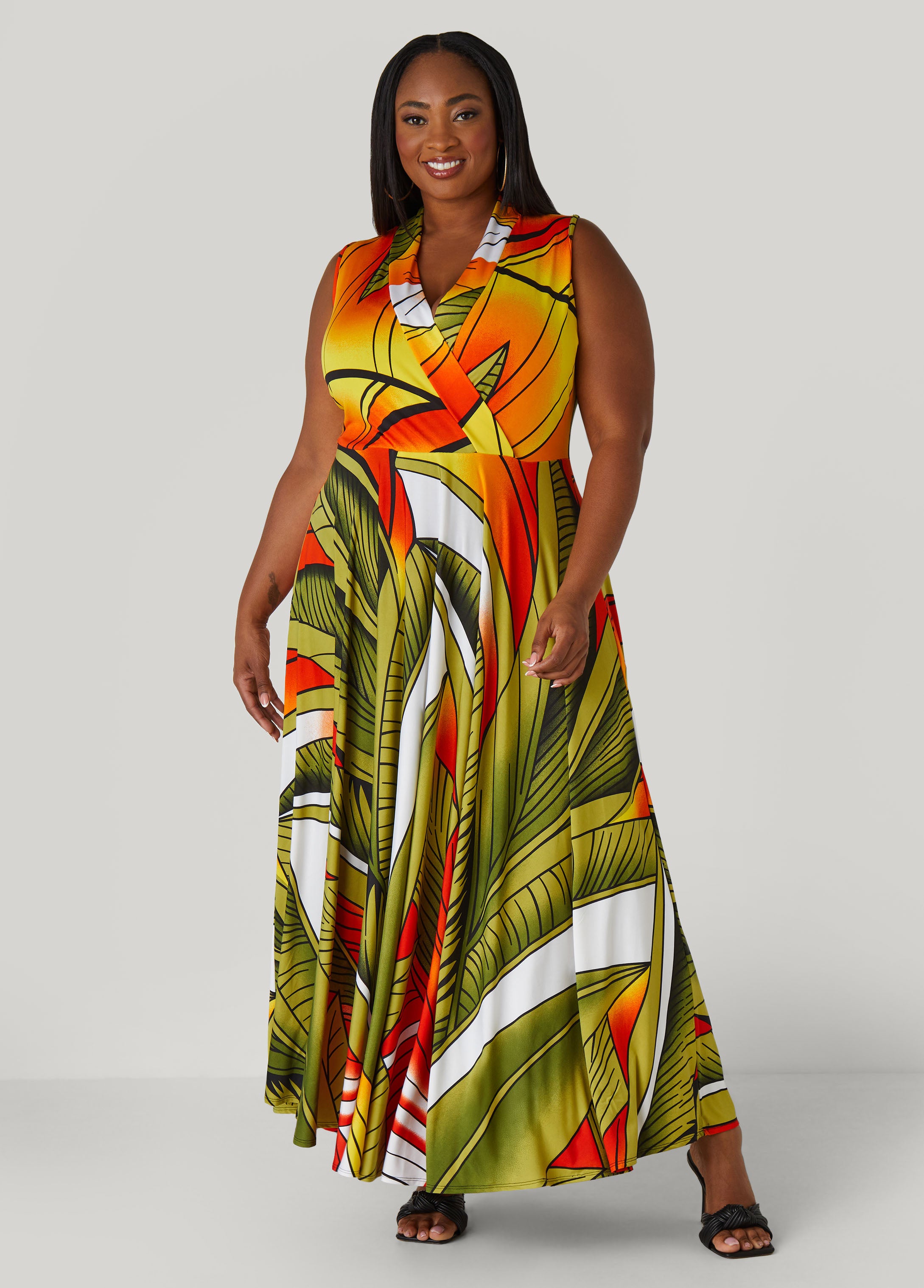 Plus Size Tropical Faux Wrap Maxi Dress
