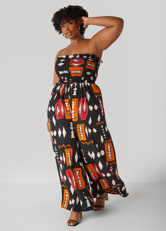 Plus Size Strapless Abstract Print Jumpsuit