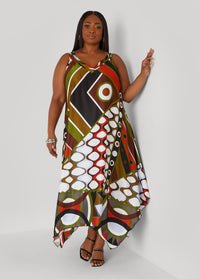Abstract Print Satin Midi Dress