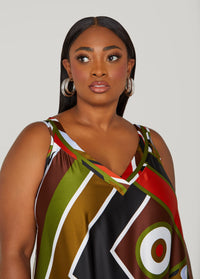 Abstract Print Satin Midi Dress