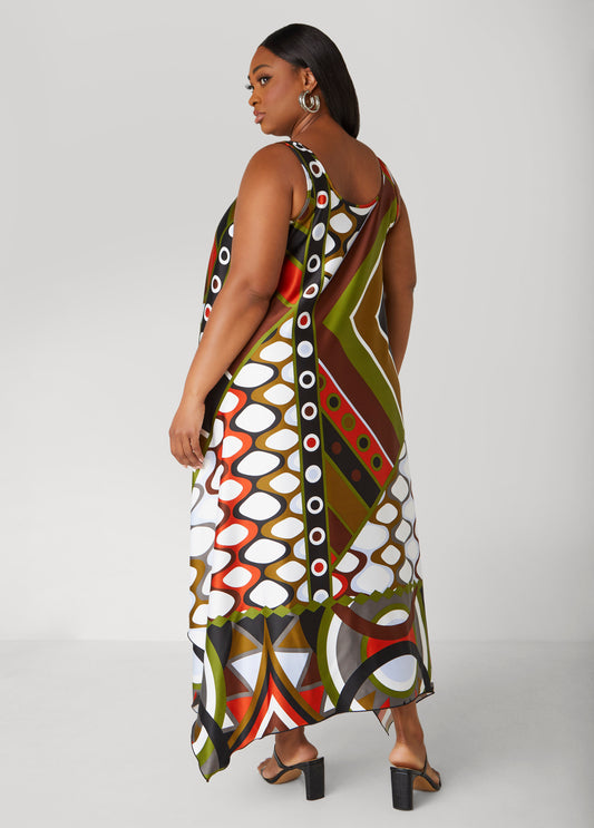 Abstract Print Satin Midi Dress