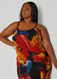 Watercolor Print Mesh Maxi Dress