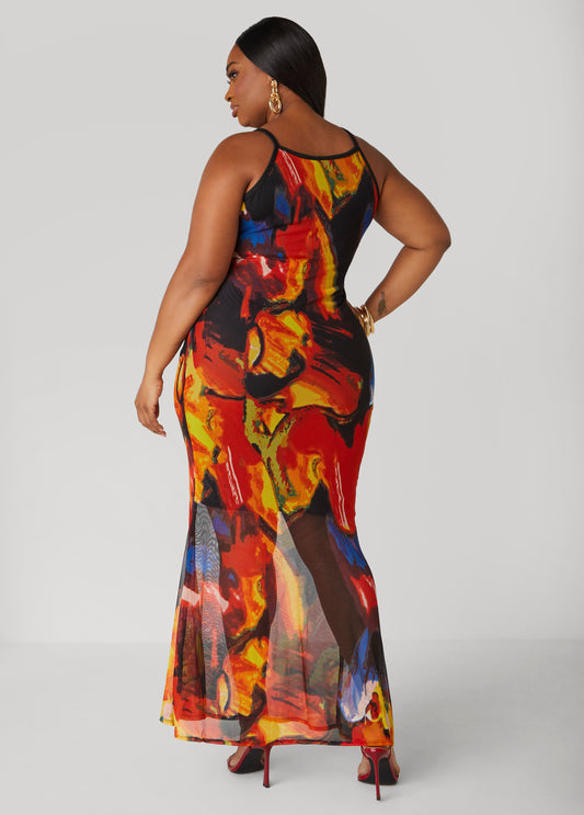 Watercolor Print Mesh Maxi Dress