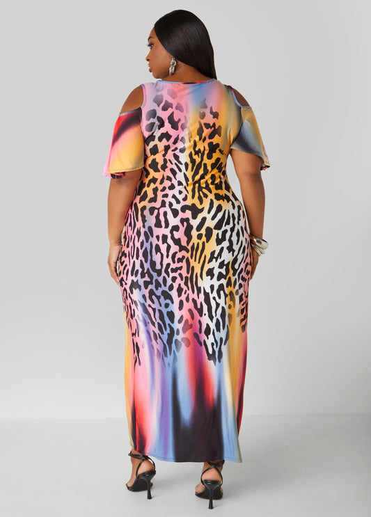 Cold Shoulder Leopard Maxi Dress