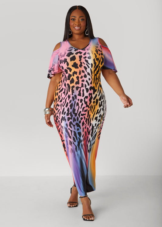 Plus Size Cold Shoulder Leopard Maxi Dress