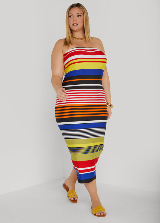 Plus Size Striped Strapless Bodycon Dress