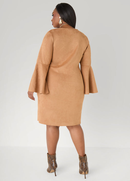 Bell Sleeved Faux Suede Dress