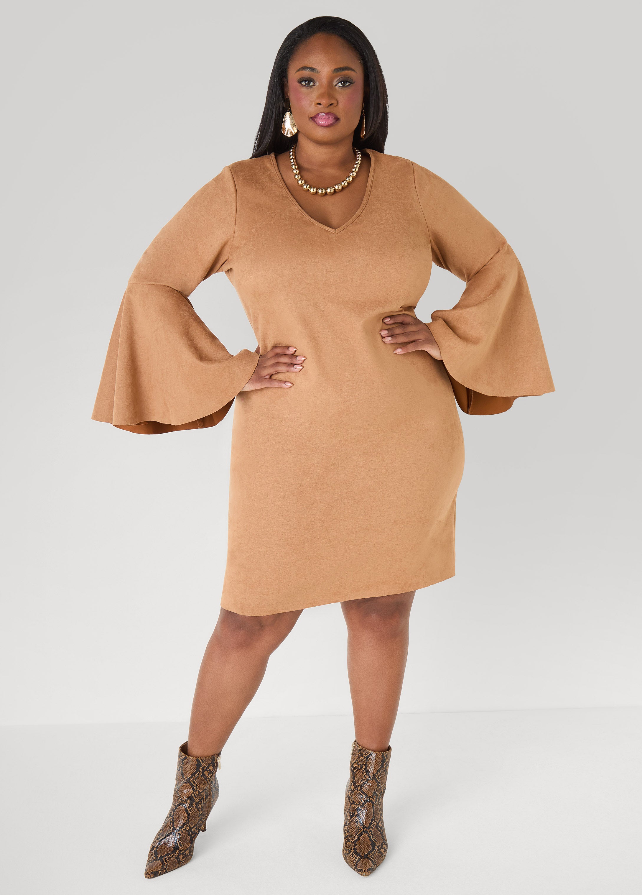 Bell Sleeved Faux Suede Dress - Camel Taupe / 26/28 Bell Sleeved Faux Suede Dress - Camel Taupe / 26/28