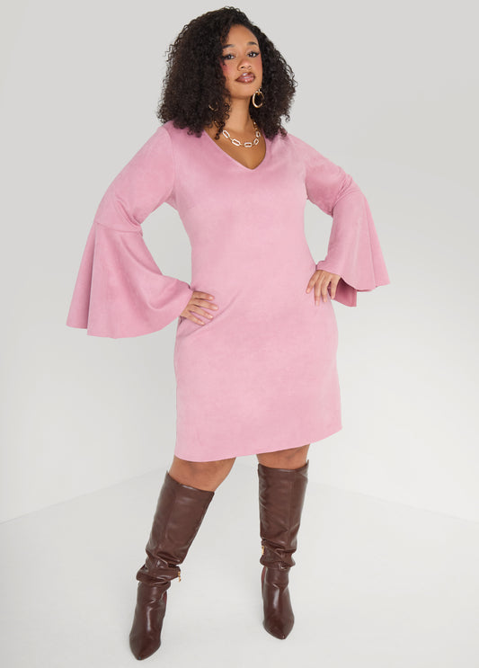 Bell Sleeved Faux Suede Dress