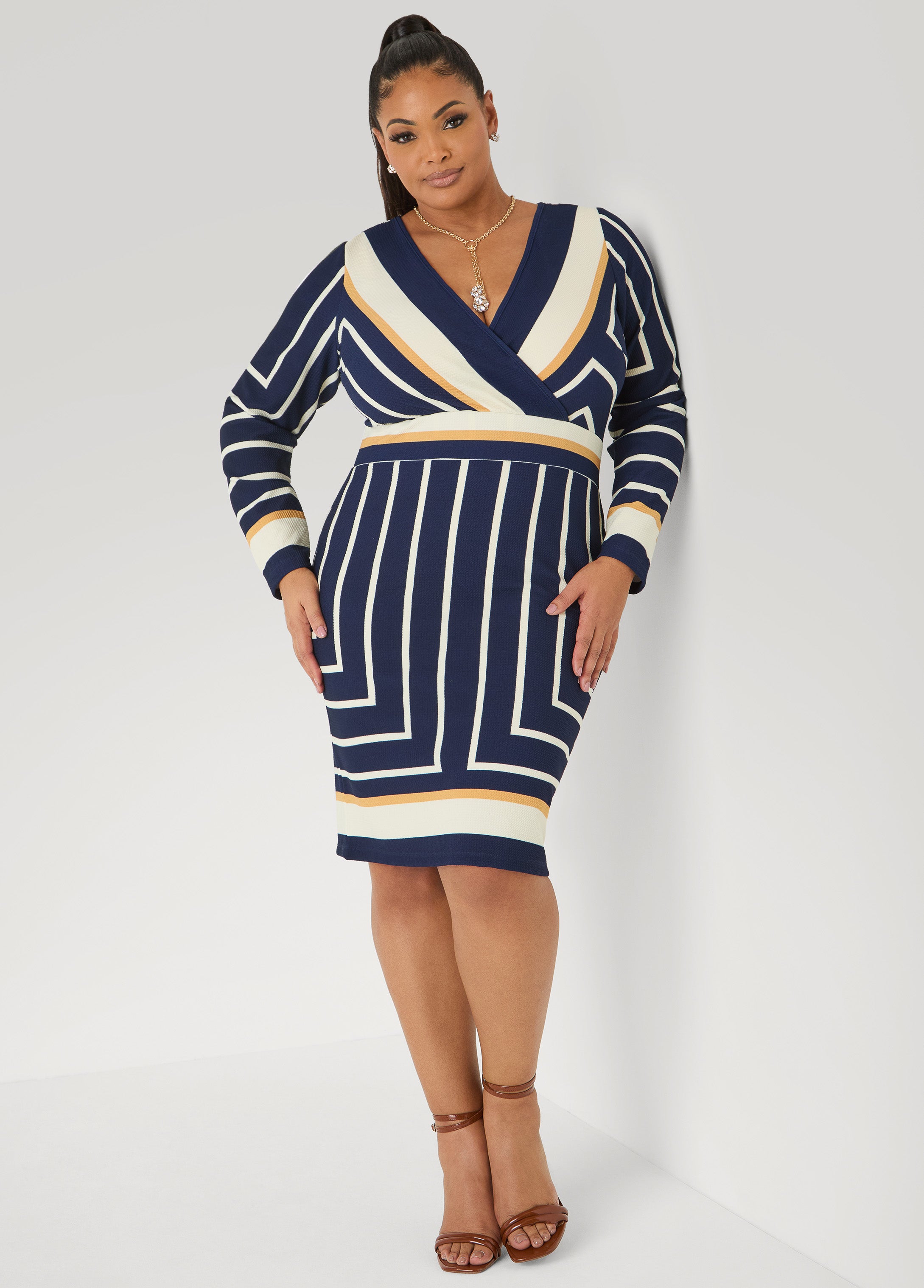 Textured Striped Faux Wrap Dress