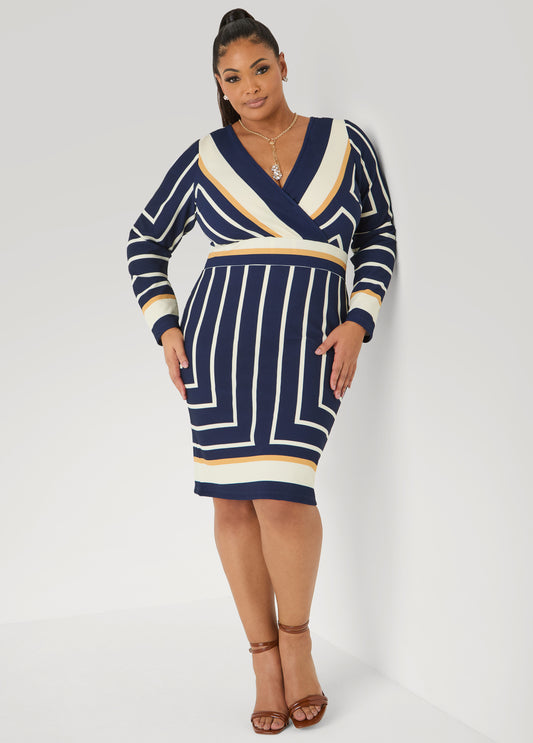 Textured Striped Faux Wrap Dress