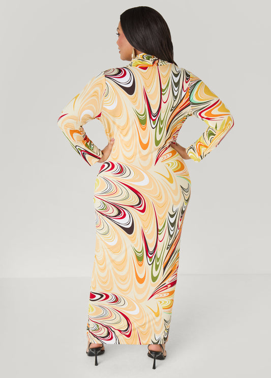 Swirl Print Cowl Neck Maxi Dress