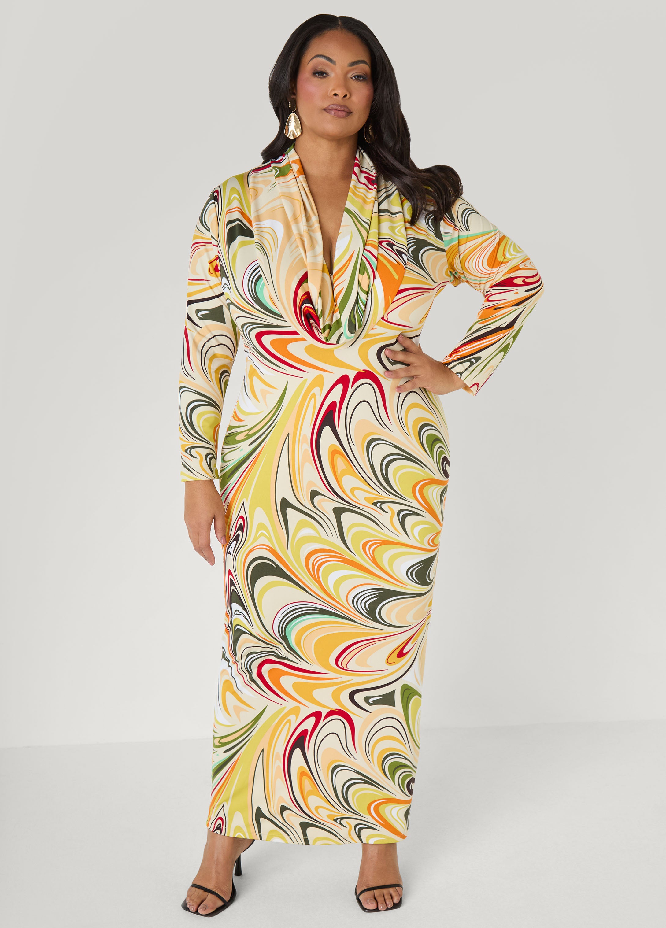Swirl Print Cowl Neck Maxi Dress