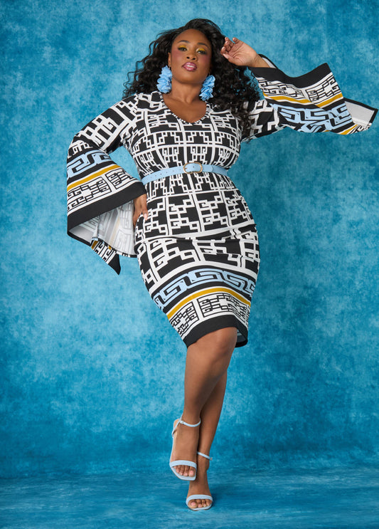 Plus Size Sheath Dress Plus Size Shift Bell Sleeve Black White Dress