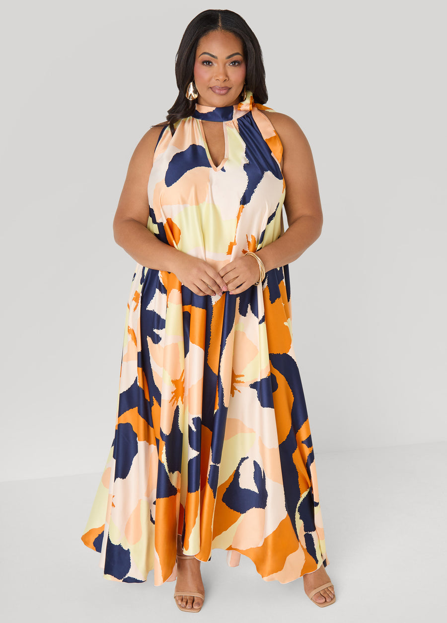 Cutout Watercolor Print Maxi Dress