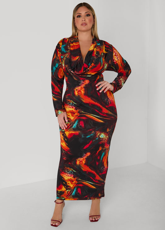 Plus Size Abstract Cowl Neck Maxi Dress