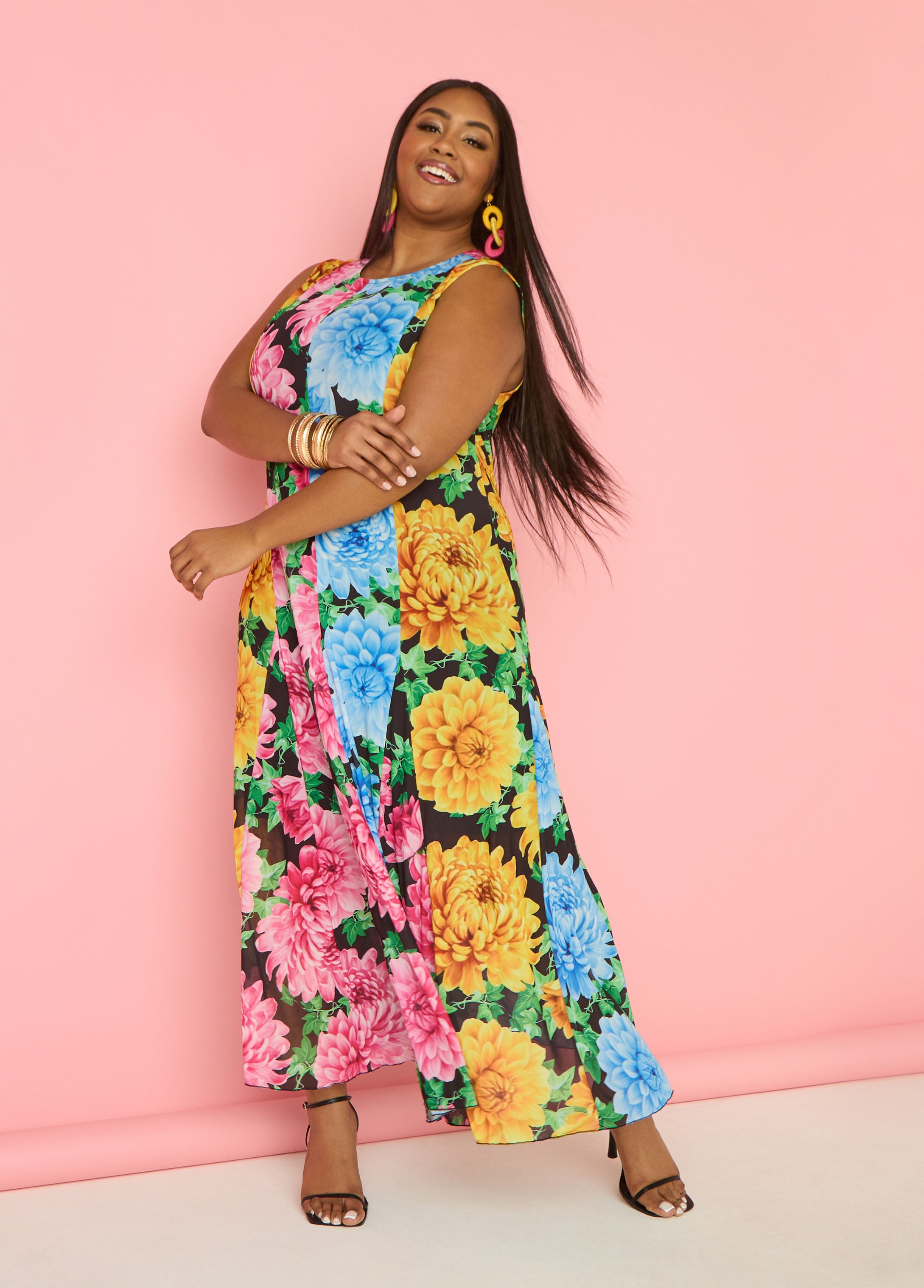 Plus Size Floral Print Mesh Maxi Dress, Black Combo, 18/20 - Ashley Stewart Plus Size Floral Print Mesh Maxi Dress, Black Combo, 18/20 - Ashley Stewart