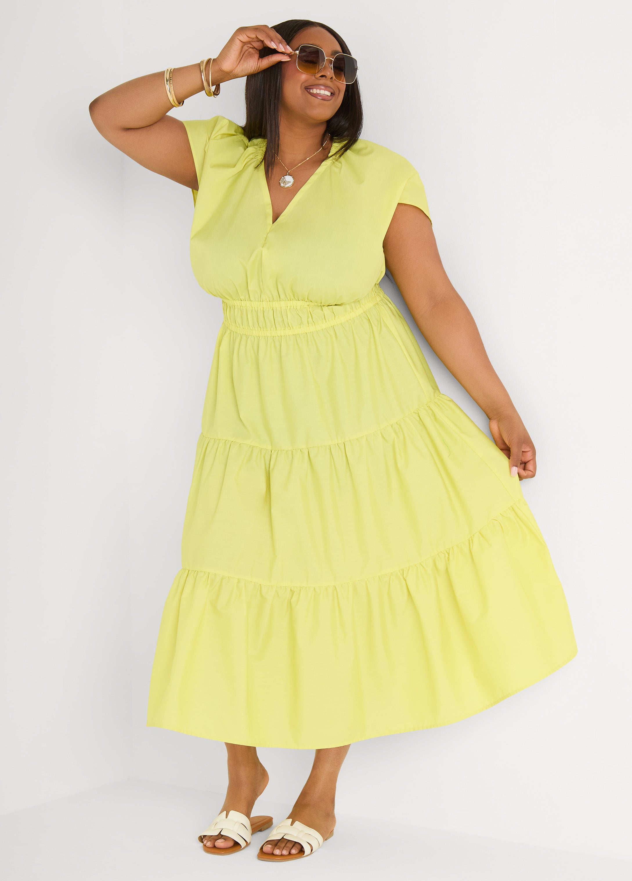 Plus Size Yellow Maxi Dress V Neck Aline Fit Flare Poplin Dress