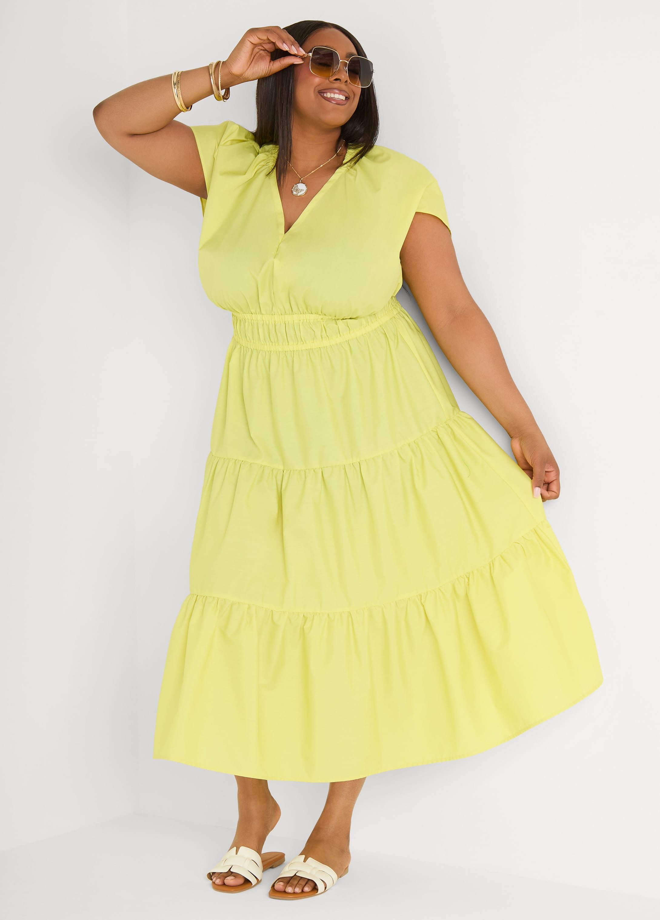 v neck fit and flare maxi dress Roaman's Women's Plus Size Flutter Sleeve V-Neck Fit And Flare Bi-Stretch Maxi Dress