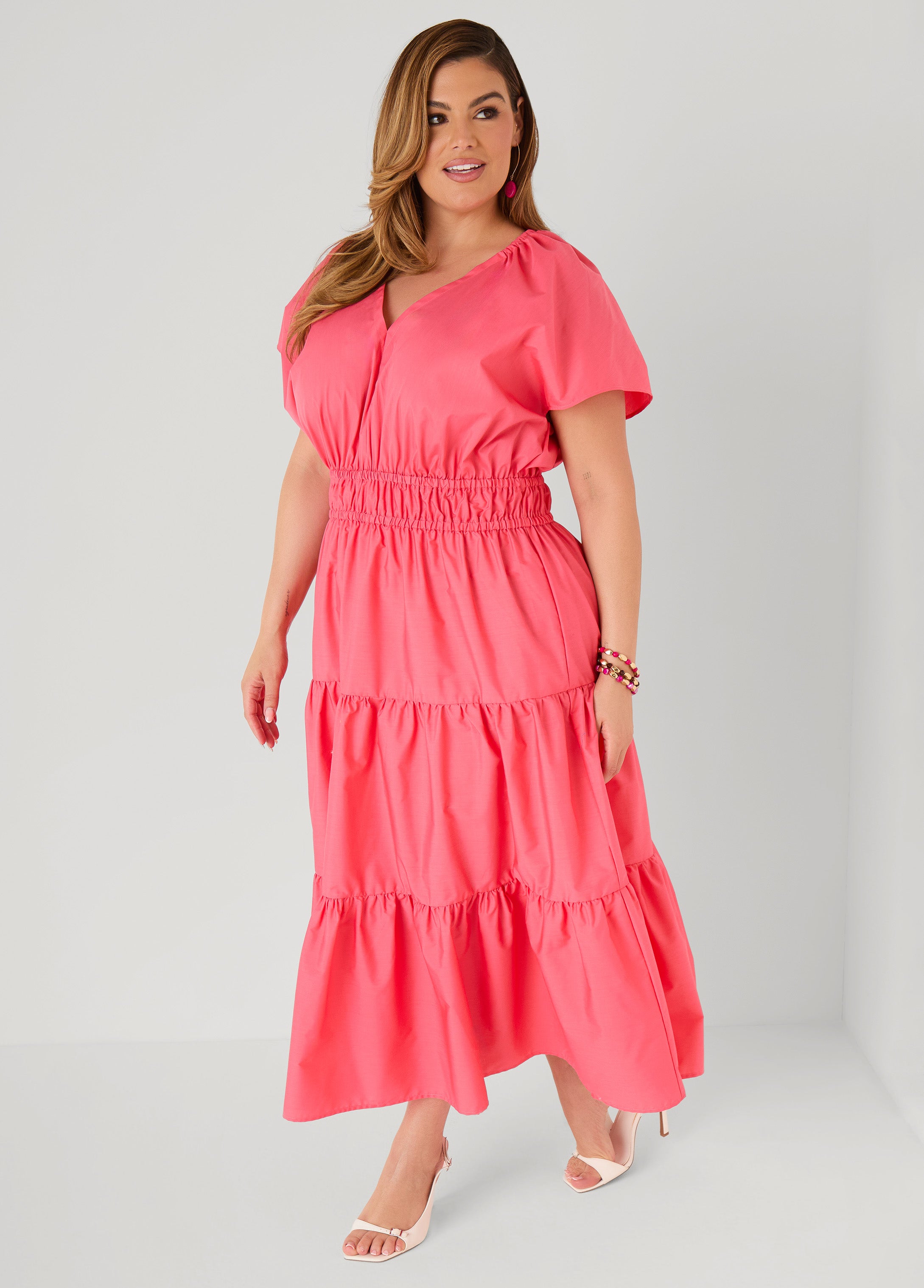 Plus Size Pink Maxi Dress V Neck Aline Fit Flare Poplin Dress