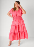 Plus Size Pink Maxi Dress V Neck Aline Fit Flare Poplin Dress