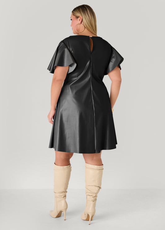 Flutter Sleeve Faux Leather Dress
