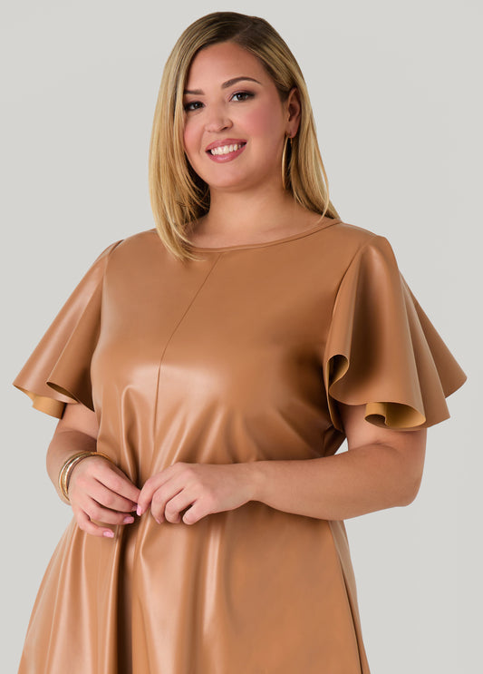 Flutter Sleeve Faux Leather Dress