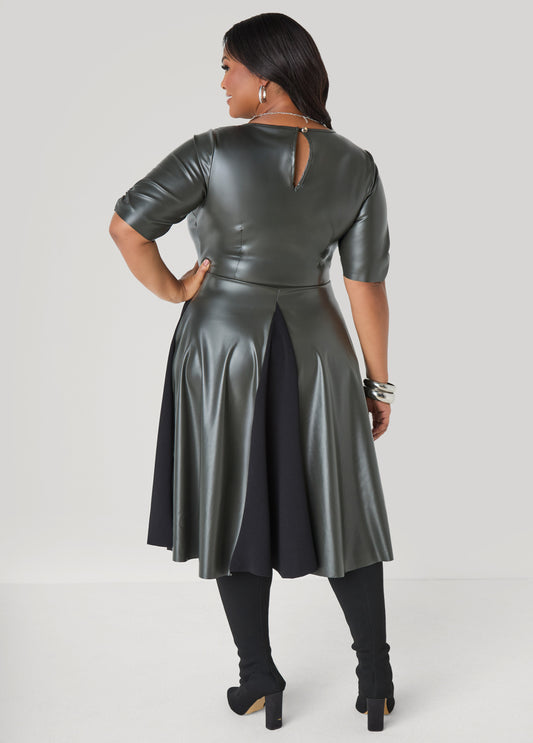 Paneled Faux Leather A Line Dress