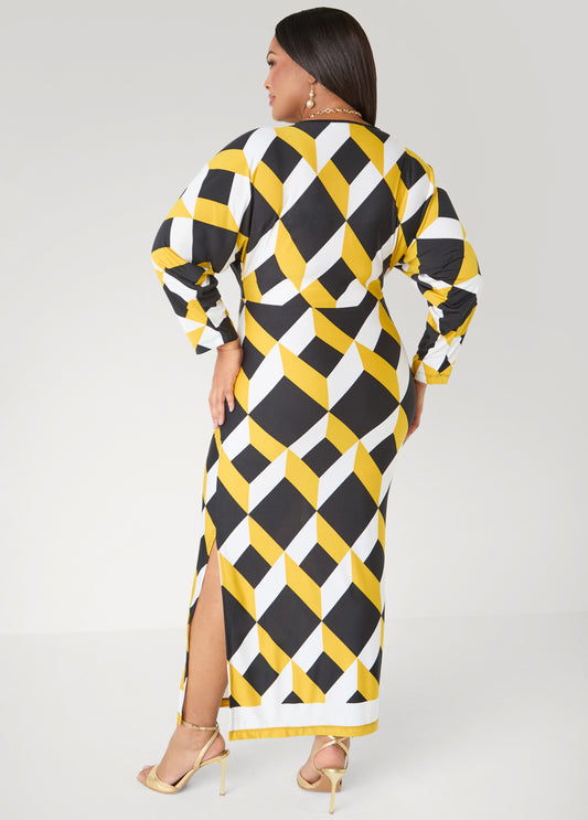 Geo Print Faux Wrap Maxi Dress